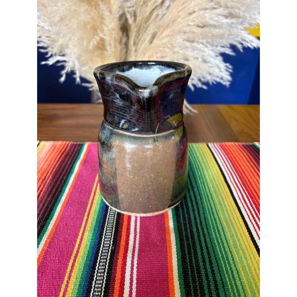 Studio Pottery Iridescent Glaze Pitcher Handmade Stoneware Creamer Black Bronze